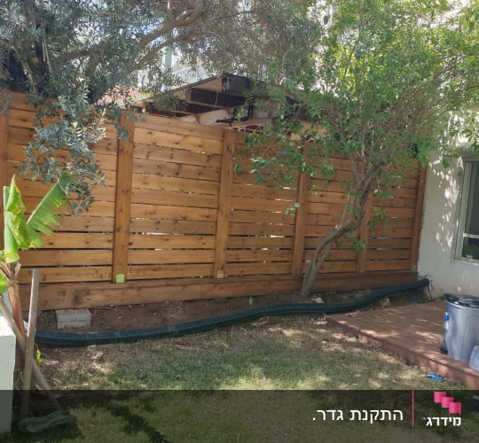 גדר עץ עם עצים מסביב בגינה